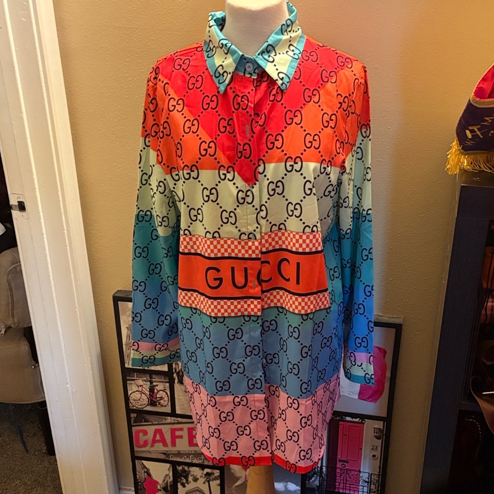 Fashion Button Down Colorful Logo Shirt Long Sleeve